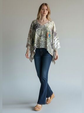 Love J Leopard & Feather Print Poncho Top